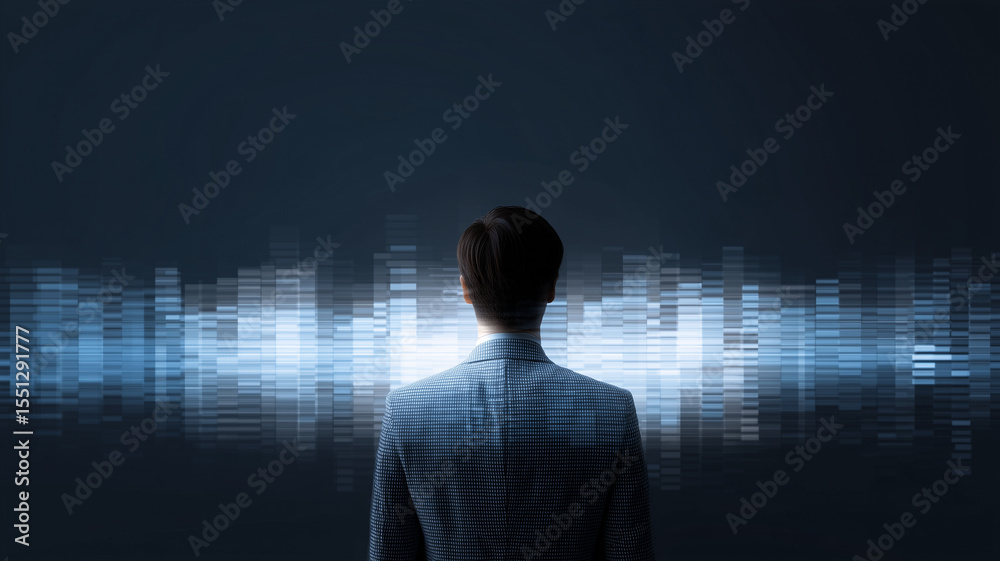 Poster business analyst in suit facing glowing digital data visualization, futuristic and focused atmospher