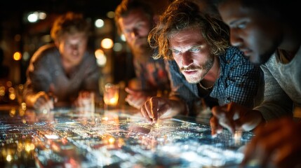 Gathering of friends exploring a high tech map at night in a vibrant urban setting, uncovering secrets and discovering adventures together through interactive technology