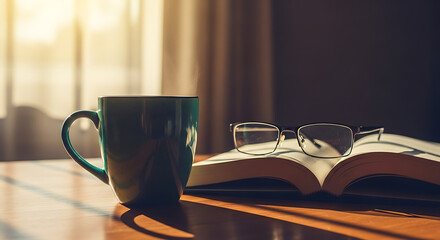 Warm Morning Sunlight Illuminates Teal Coffee Mug Beside Book and Glasses