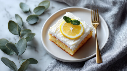 Piece of lemon cake with white frosting, garnished with a lemon slice and mint, served on a white plate with a gold fork. Elegant and fresh dessert. Citrus flavor.