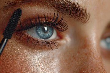 Woman applying mascara on long eyelashes with brush, makeup and beauty treatment