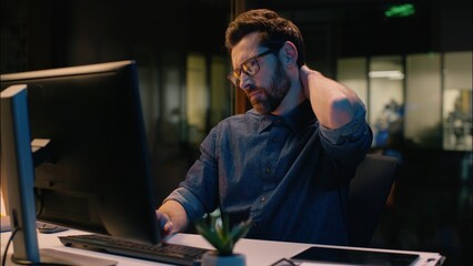 Caucasian man businessman business entrepreneur sedentary computer work syndrome neck ache cervical...