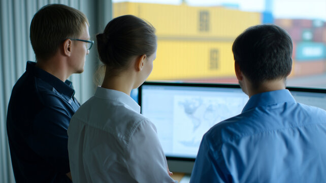 Three logistics professionals analyzing global shipping data on computer screen, teamwork in cargo management office