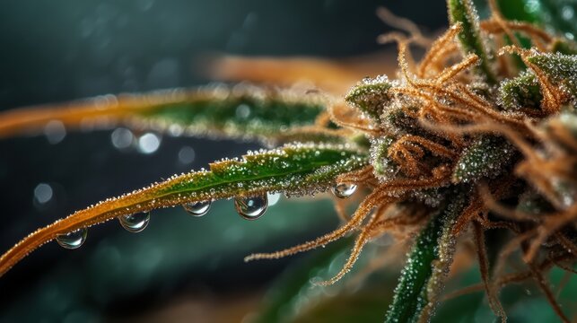 Fototapeta A captivating macro shot of a marijuana plant adorned with glistening dew drops highlights the delicate beauty of nature while representing themes of growth and healing.