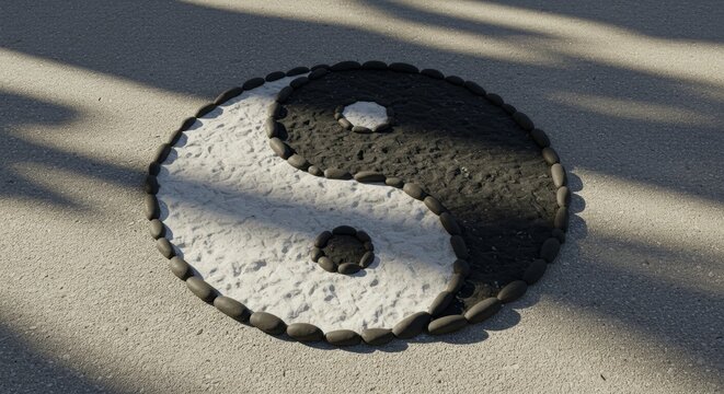 Peaceful Harmony A Yin Yang Symbol Created with Pebbles and Textured Sand