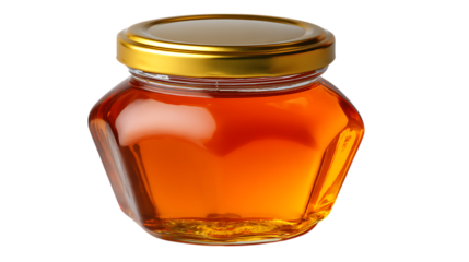 Golden amber honey fills a hexagonal glass jar with a shiny gold lid isolated on transparent background