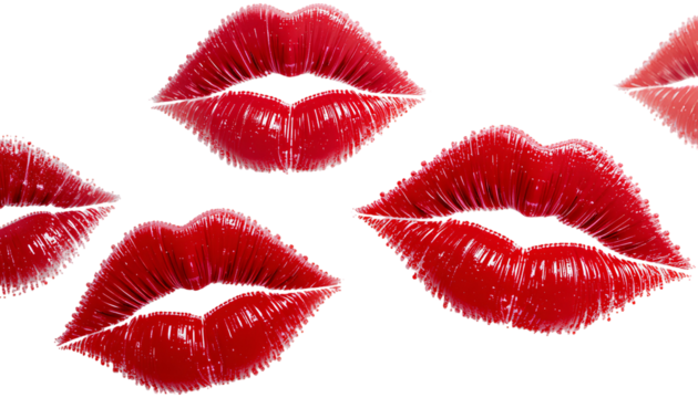Set of Red Lipstick Kissing Prints on Transparent Background – Sexy and Beautiful Lips Concept
