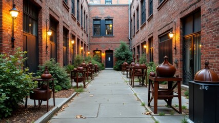 Fototapeta premium Rustic urban alleyway with vintage decor and brick architecture at dusk