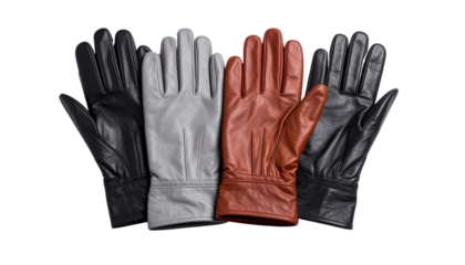 Set leather gloves in gray, red, brown, and black colors isolated on solid white background in Png format