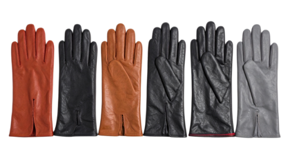 Set leather gloves in gray, red, brown, and black colors isolated on solid white background in Png 