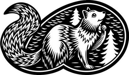 Stylized black and white illustration of a fox in a forest scene within an oval border design