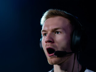 Focused male gamer wearing headset reacts emotionally during intense esports match, dramatic lighting highlights excitement