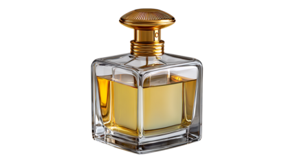 Luxurious square glass perfume bottle with golden cap and amber liquid isolated on transparent background
