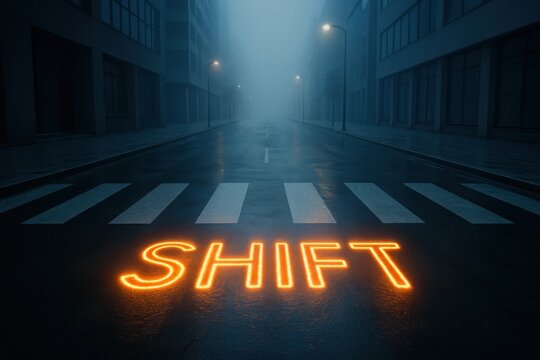Neon word "SHIFT" glows on foggy urban crosswalk highlighting futuristic urban landscape