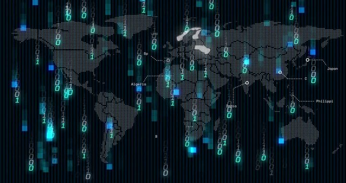 Fading in dotted world map with binary streams, highlighting countries to illustrate global data