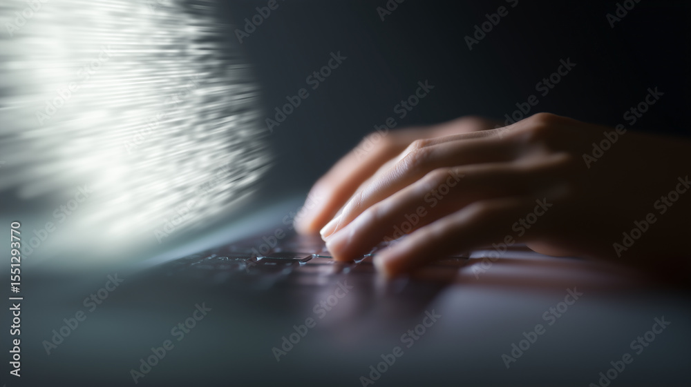 Poster Hands swiftly typing on laptop keyboard, coding, technology, fast motion, digital workspace, focused, creative