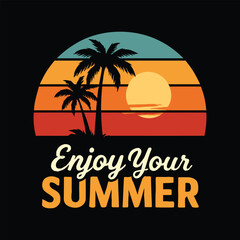 Retro Enjoy Your Summer Design with Palm Trees and Sunset