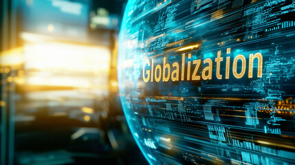 The word Globalization on a futuristic digital sphere representing a connected world and data streams.