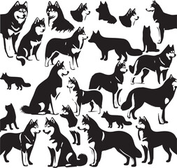 Siberian Husky Dog Vector Illustration in Black and White 