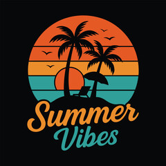 Retro Summer Vibes with Palm Trees and Sunset Illustration
