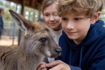 Children interact with a kangaroo at a wildlife park during a sunny afternoon