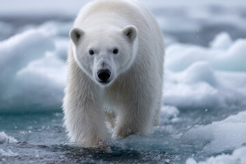 Fototapeta premium Polar bear walking on melting ice in the Arctic during a cloudy day