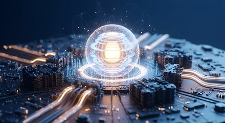 Fototapeta premium Glowing Sphere Hovering Above Complex Dark Circuit Board