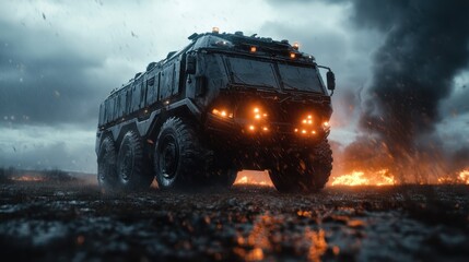 A rugged, armored vehicle stands resilient against a stormy landscape, showcasing its robust design amidst rain and a fiery backdrop, evoking feelings of strength and survival.