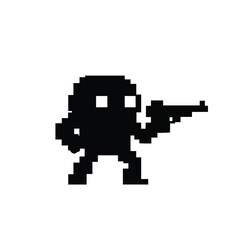 Fototapeta premium Pixel Art Black Character Holding Gun White Background
