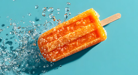Orange popsicle with melting drops on turquoise background. Summer frozen treat with wooden stick and shadow. Ice cream and refreshing dessert concept
