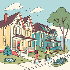 Neighborhood Charm: Children Playing on a Residential Street with Colorful Houses