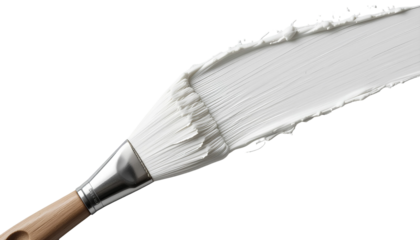 Close-Up of Paintbrush with White Paint Isolated on Transparent Background – Painting Tool for Art and Renovation