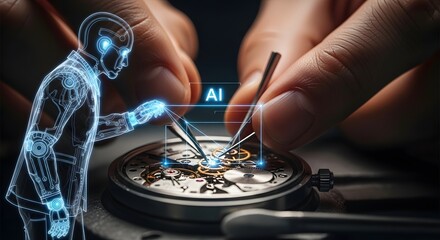 Intricate Watch Repair with Digital Assistant Overlay and Focused Light