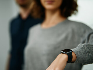 Woman wearing smart watch technology, close up, modern lifestyle, blurred background, casual clothing, focus on device