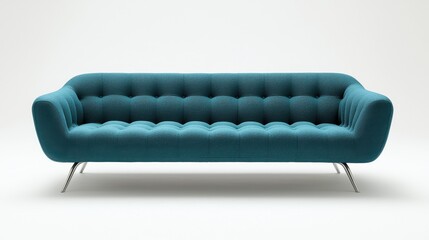 Modern teal sofa with tufted design and sleek metal legs displayed against a minimalistic background
