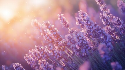 Lavender field at sunset showcasing vibrant purple blooms and serene atmosphere in a natural setting
