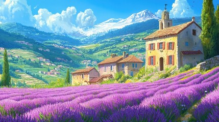 Lavender fields bloom in Provence under a bright blue sky with mountain backdrop on a sunny day