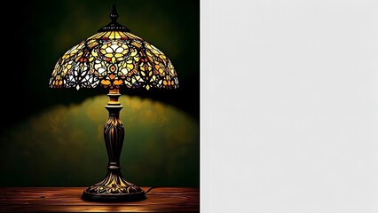 Classic stained glass table lamp glowing on green background. Perfect for vintage interior themes, antique product showcases, or retro home decor design content