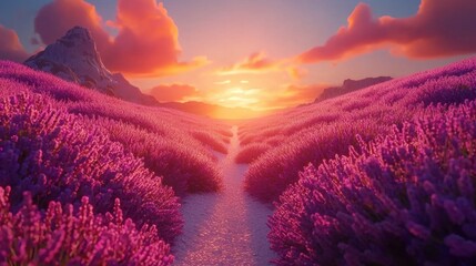 Lavender fields under a vibrant sunset create a captivating landscape filled with color and tranquility