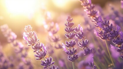 Lavender flowers bloom under golden sunlight in a serene field during the late afternoon hours