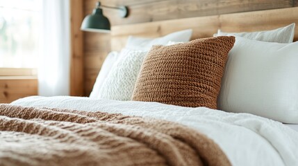 This serene bedroom image showcases comforting textures and warm colors, inviting relaxation and peacefulness, perfect for a homey escape from the hectic outside world.