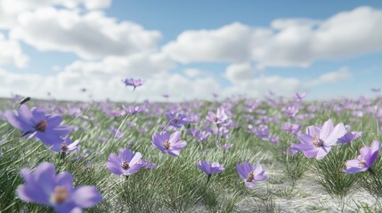 Vibrant field of purple flowers under a blue sky filled with fluffy clouds on a sunny day