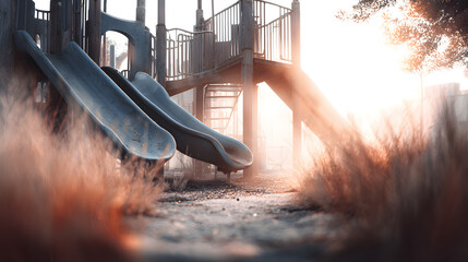 An empty playground bathed in warm sunlight, evoking nostalgia and loss amidst climate change.