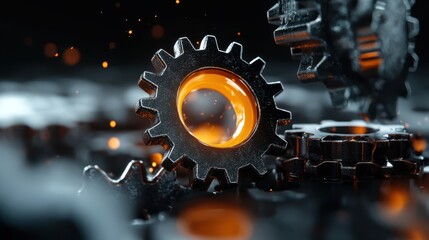 Close-up of interlocking steel gears with glowing edges and flying sparks, representing mechanical power, precision engineering, and the beauty of industrial processes.
