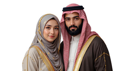 Arabian Man and Woman in Traditional Muslim Attire – Full-Height Vector Illustration of Islamic Family Couple