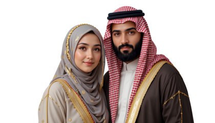Arabian Man and Woman in Traditional Muslim Attire – Full-Height Vector Illustration of Islamic Family Couple