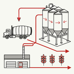 Simplified depiction illustrating raw material processing within an industrial facility
