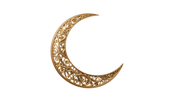 Golden Crescent Moon Islamic Art Isolated on Transparent Background – Symbol of Faith and Ramadan - Powered by Adobe