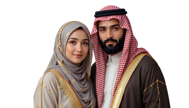 Arabian Man and Woman in Traditional Muslim Attire – Full-Height Vector Illustration of Islamic Family Couple