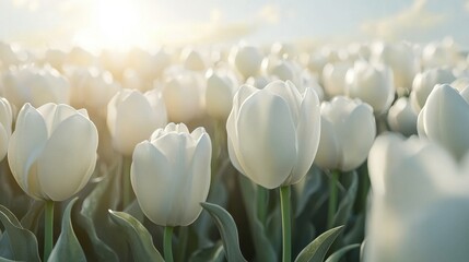 Bright white tulips bloom under the sunlight in a blooming field during springtime in the countryside